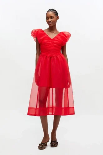 Red Organza Ruched Dress