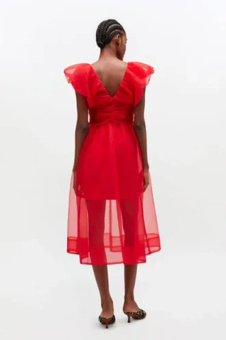 Red Organza Ruched Dress