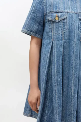 Striped Denim Pleated Dress
