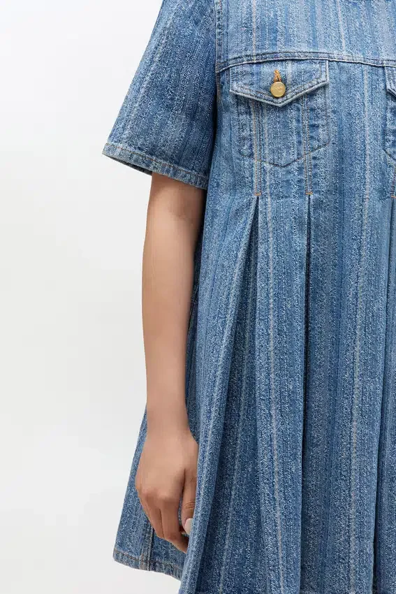 Striped Denim Pleated Dress Striped Denim Pleated Dress