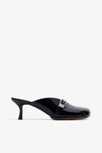 Sue Heeled Mules in Black Oleatex