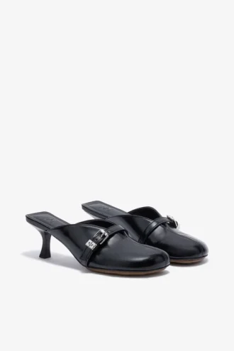 Sue Heeled Mules in Black Oleatex