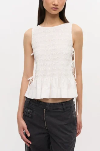 Top in White Smocked Cotton