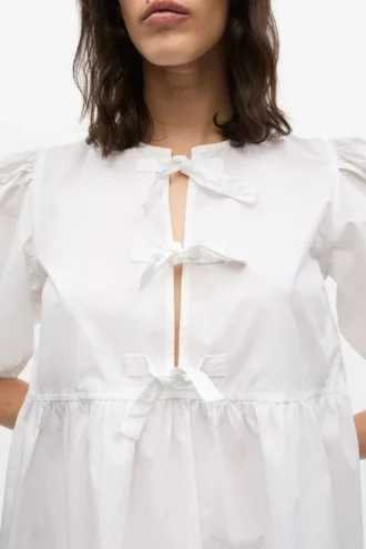 White Cotton Poplin Tie String Mini Dress