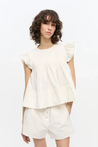 White Stretch Cotton Frill Sleeve Top
