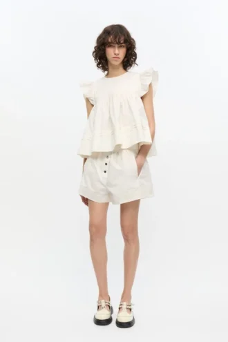 White Stretch Cotton Frill Sleeve Top